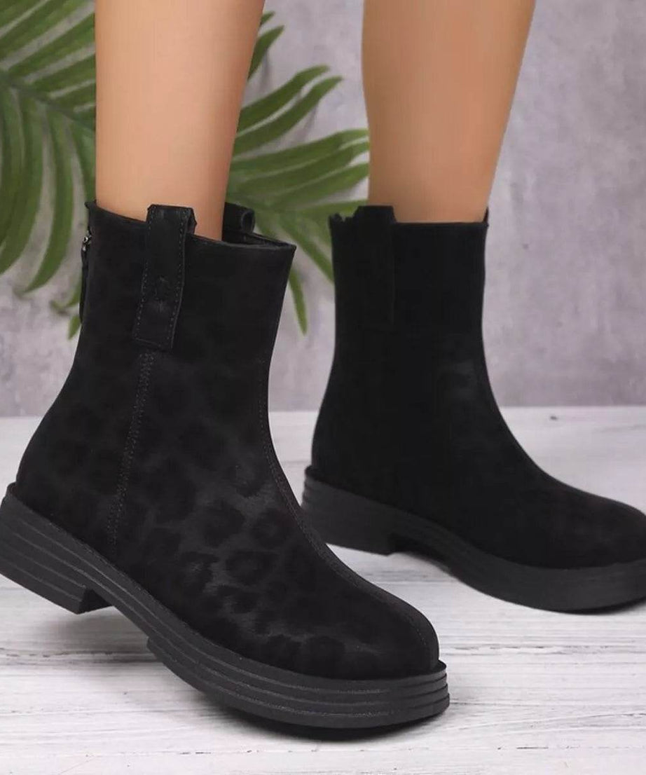 Leopard Round Toe Block Heels Boots - ELY VESSA LLC