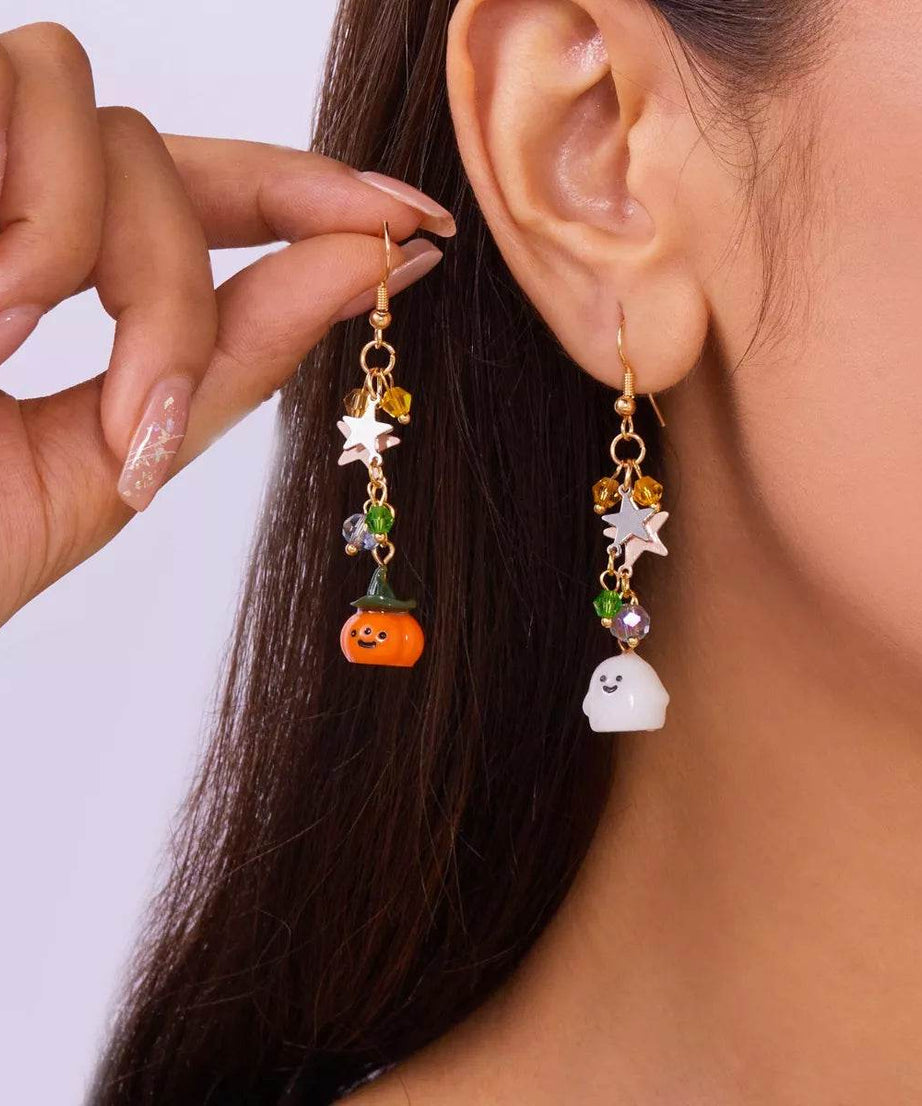 Halloween Asymmetrical Pumpkin Ghost Earrings - ELY VESSA LLC