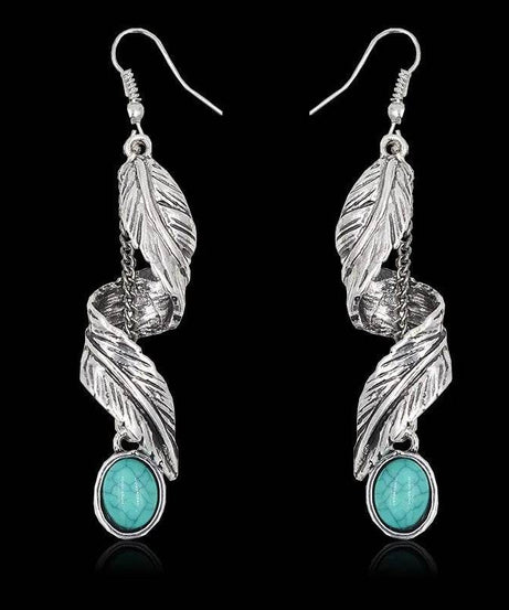 Alloy Leaf Artificial Turquoise Earrings - ELY VESSA LLC