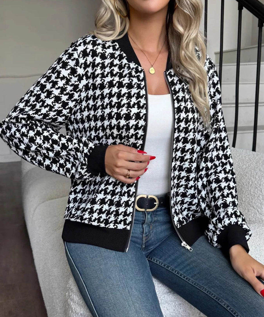 Zip Up Houndstooth Pattern Jacket - ELY VESSA LLC