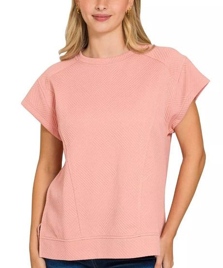 Zenana Textured Knit Jacquard Short Sleeve Top - ELY VESSA LLC
