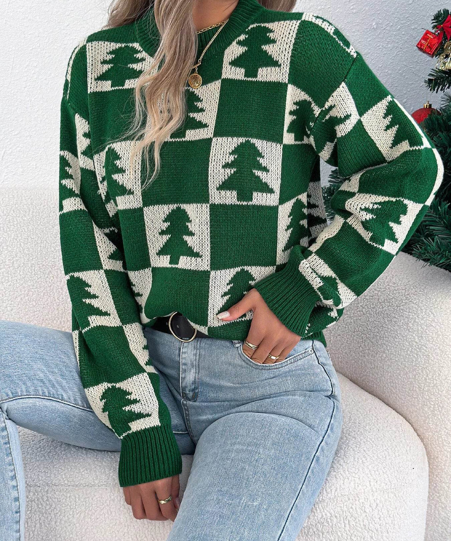 Christmas Tree Checkerboard Pattern Sweater - ELY VESSA LLC