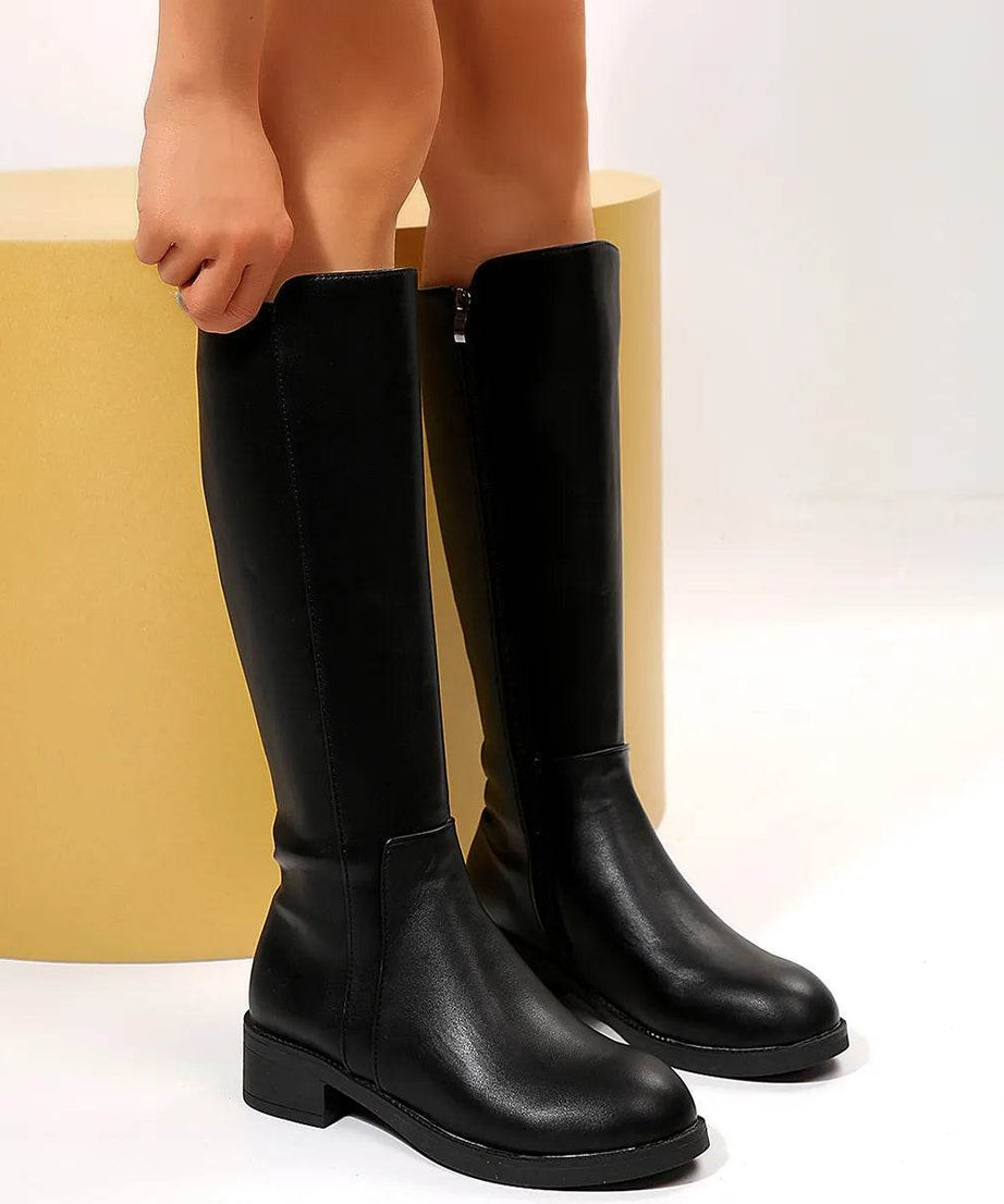 Leather Knee-High Block Heel Boots - ELY VESSA LLC