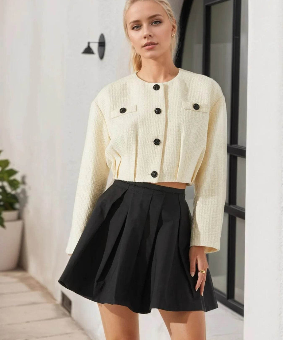 Button Up Long Sleeve Crop Outerwear - ELY VESSA LLC