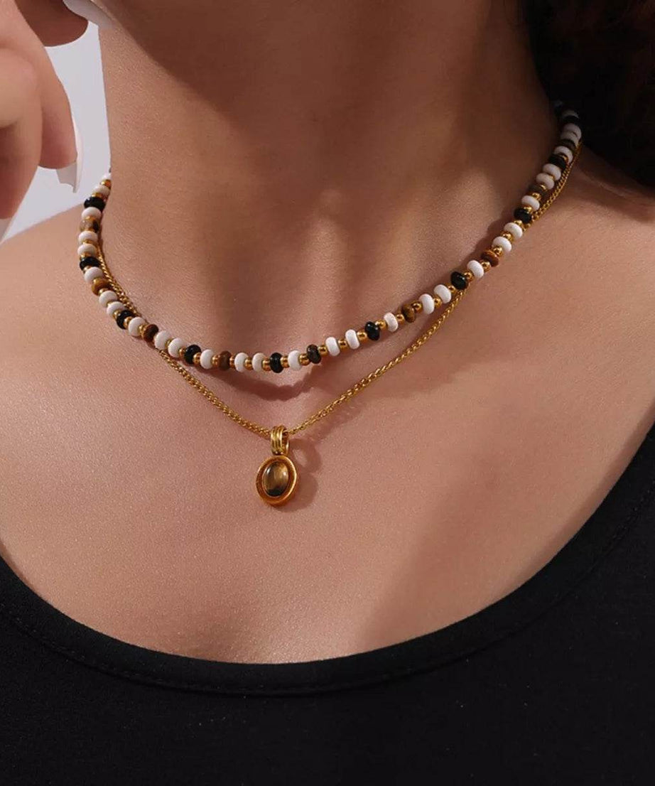 2 Piece Natural Stone and Gold Chain Necklace with Pendant - ELY VESSA LLC
