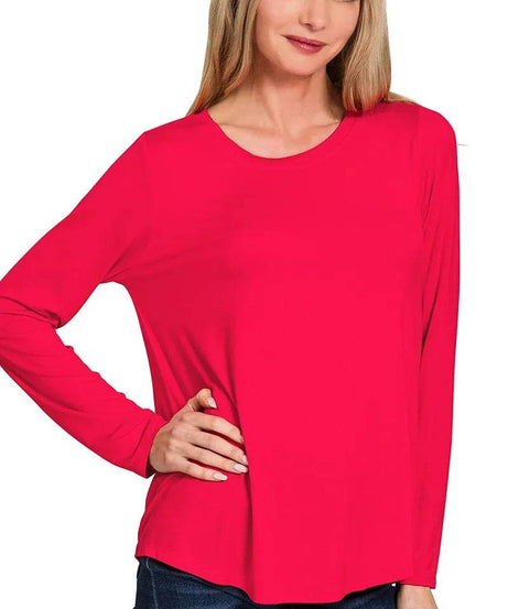 Zenana Flowy Round Hem Rayon Long Sleeve Top - ELY VESSA LLC
