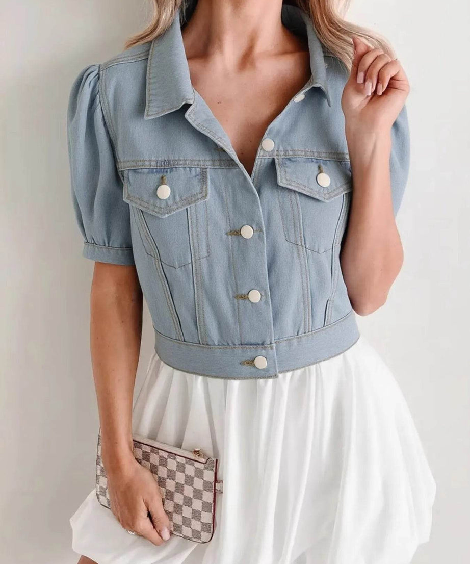 Button Up Puff Sleeve Cropped Denim Jacket - ELY VESSA LLC
