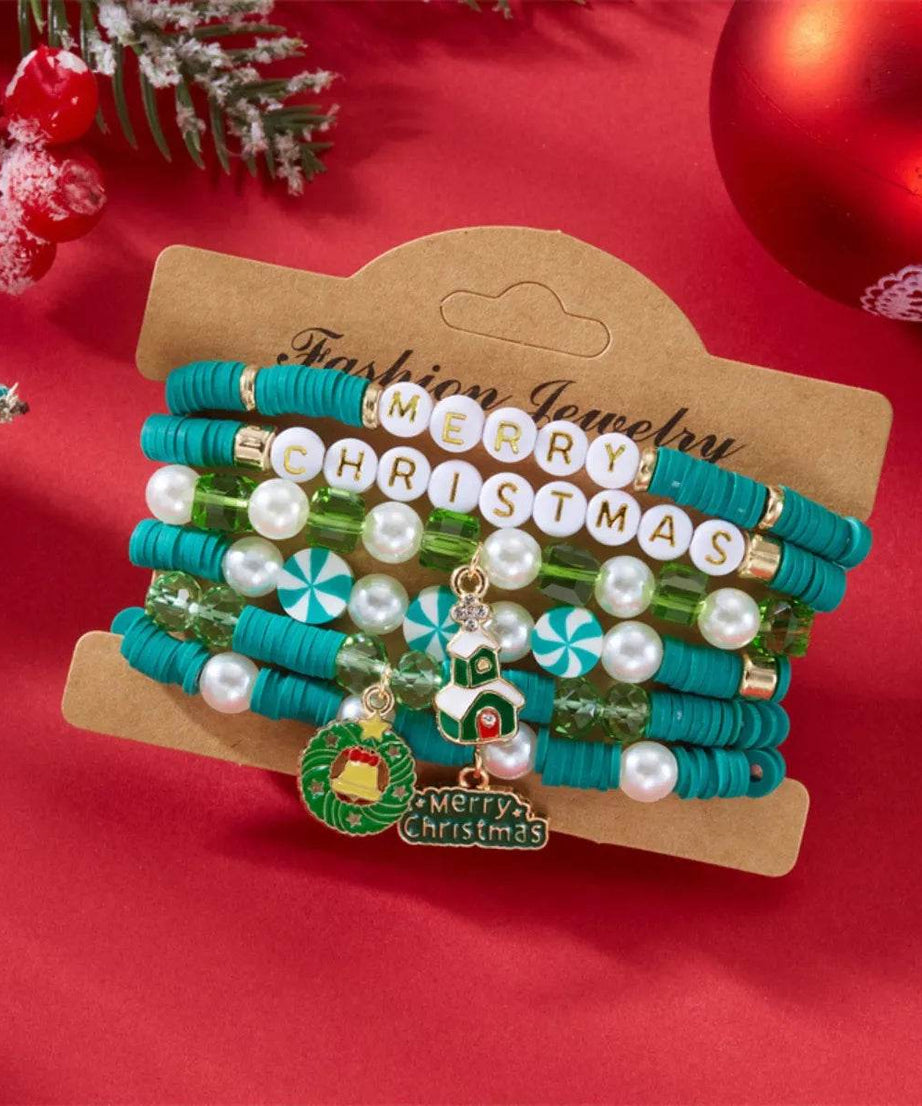 6-Piece Christmas Beaded Bracelet with Pearl Accents - ELY VESSA LLC