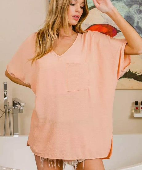 BiBi Woven V Neck Hi-low Boxy Top With Front Pocket - ELY VESSA LLC