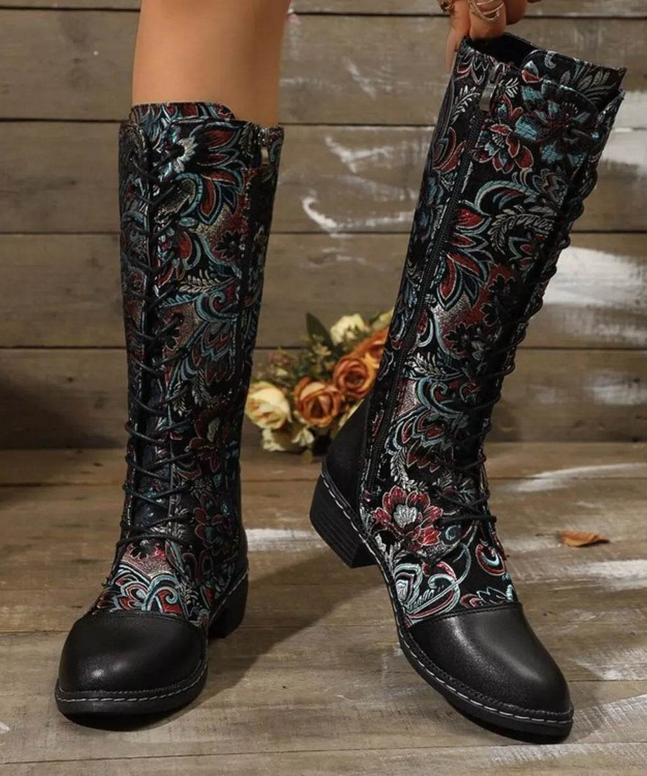 Lace Up Block Heels Boots - ELY VESSA LLC