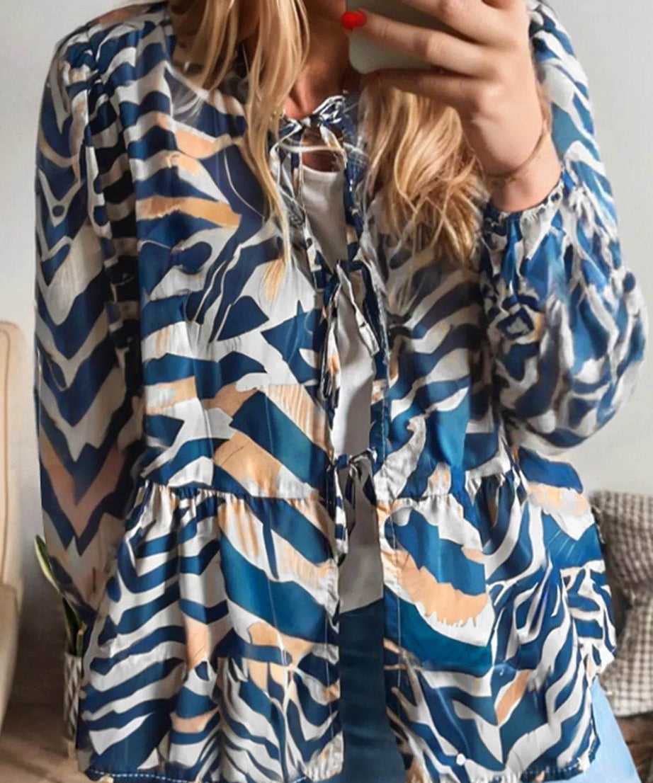 Zebra Print Tied Front Puff Sleeve Top - ELY VESSA LLC