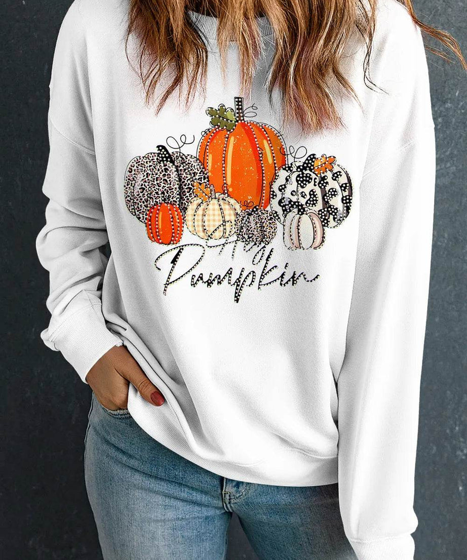 Pumpkin Graphic Round Neck Dropped Shoulder Sweatshirt - ELY VESSA LLC