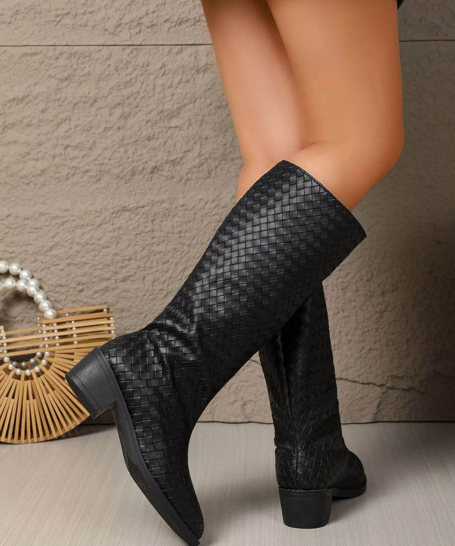 Woven Textured Block Heels Boots - ELY VESSA LLC
