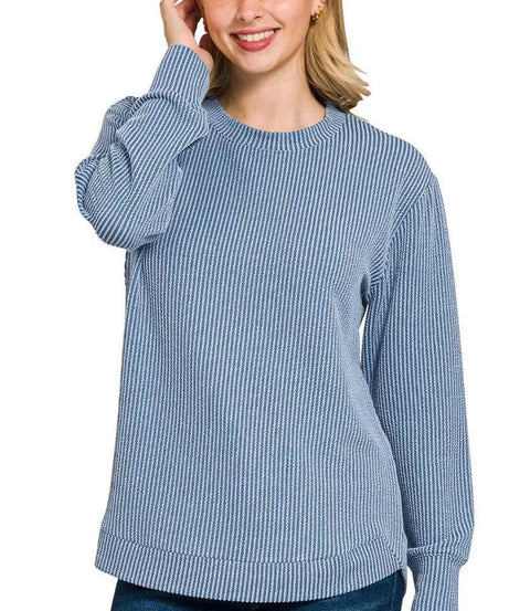 Zenana Full Size Raised Rib Round Neck Long Sleeve Top Plus Size - ELY VESSA LLC