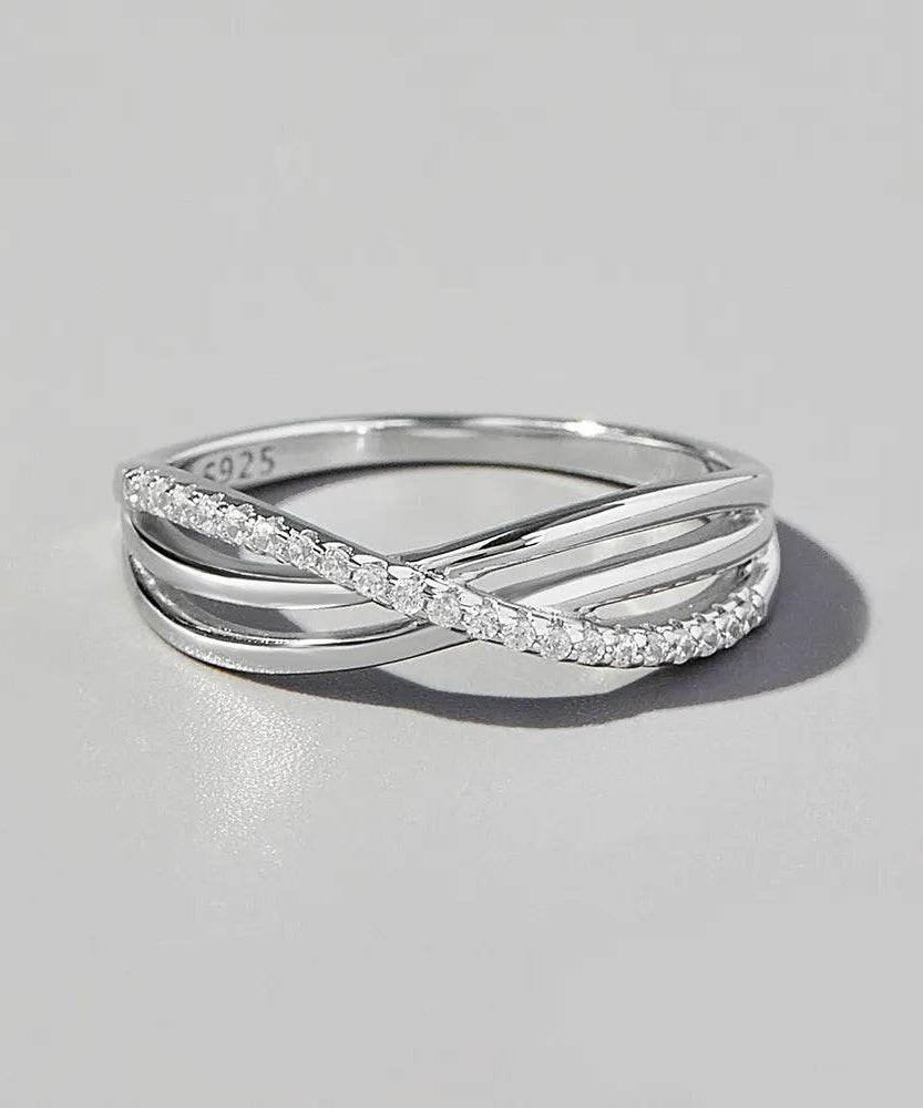 Crisscross Inlaid Zircon 925 Sterling Silver Ring - ELY VESSA LLC