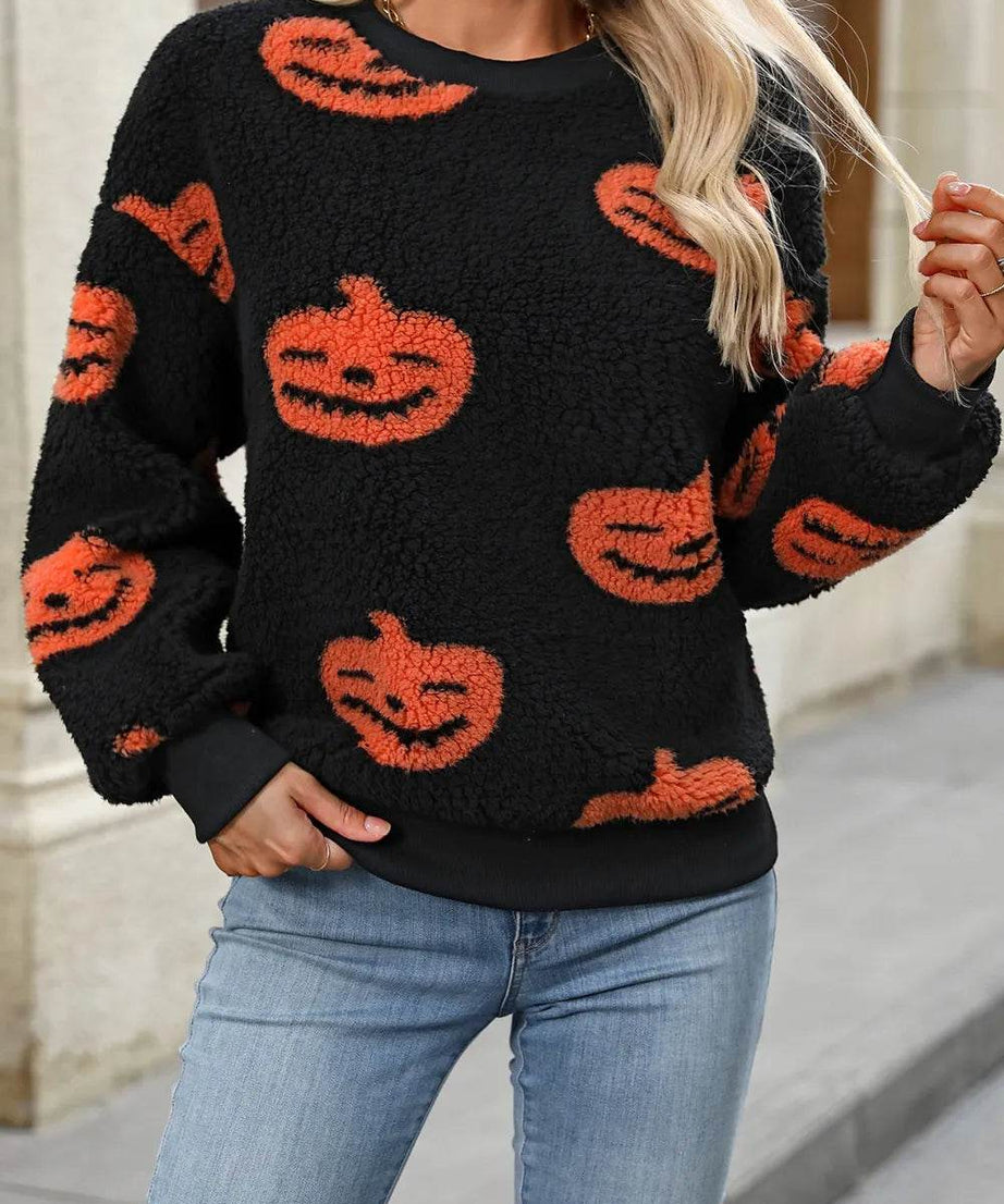 Fuzzy Pumpkin Round Neck Dropped Shoulder Sweater - ELY VESSA LLC
