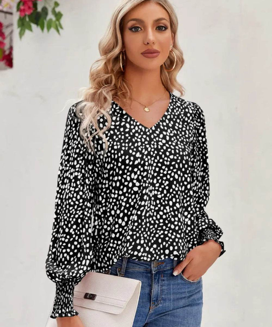 Printed V-Neck Lantern Sleeve Blouse - ELY VESSA LLC