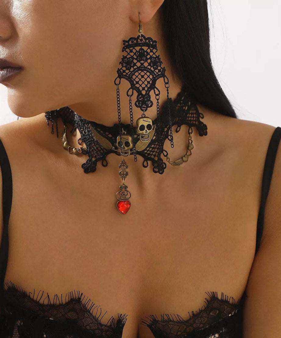 Halloween Lace Skull Necklace and Earrings Jewelry Set - ELY VESSA LLC