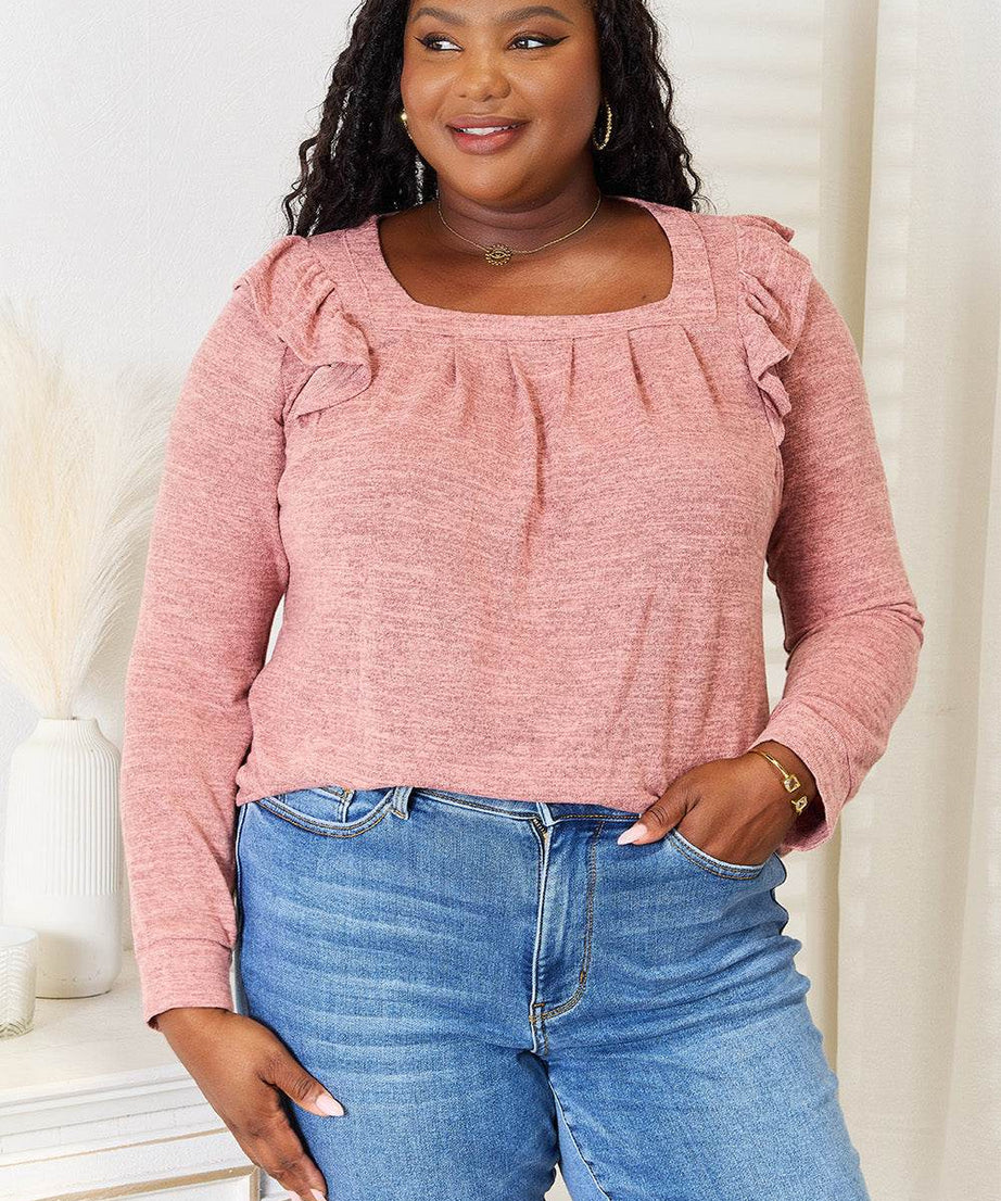 Double Take Square Neck Ruffle Shoulder Long Sleeve T-Shirt - ELY VESSA LLC