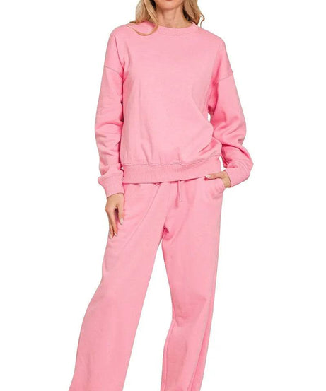 Zenana Fleece Long Sleeve Top and Sweatpants Set - ELY VESSA LLC