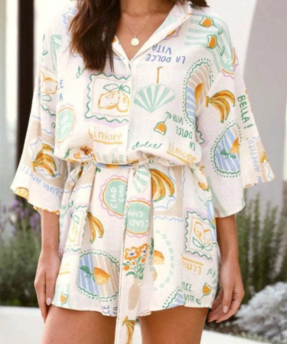 Printed 3/4 Sleeve Romper - ELY VESSA LLC