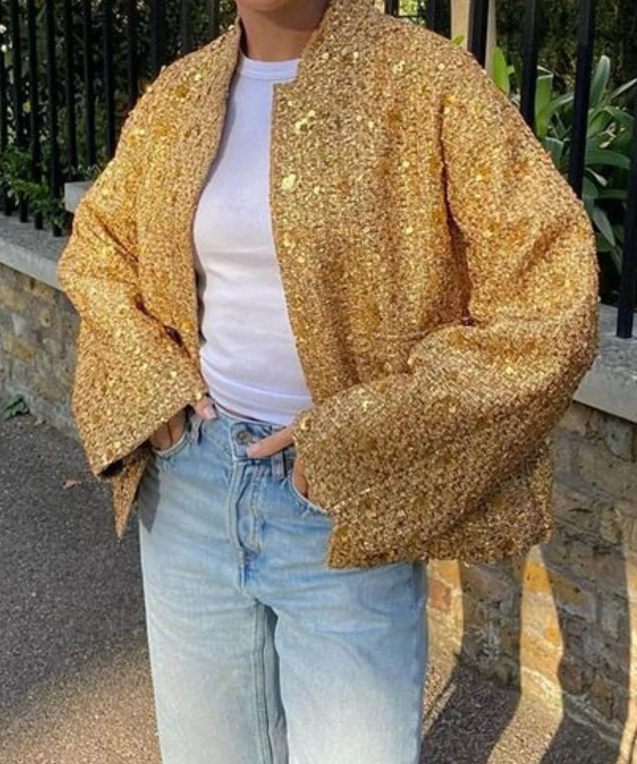 Sequin Long Sleeve Jacket with Pockets - ELY VESSA LLC