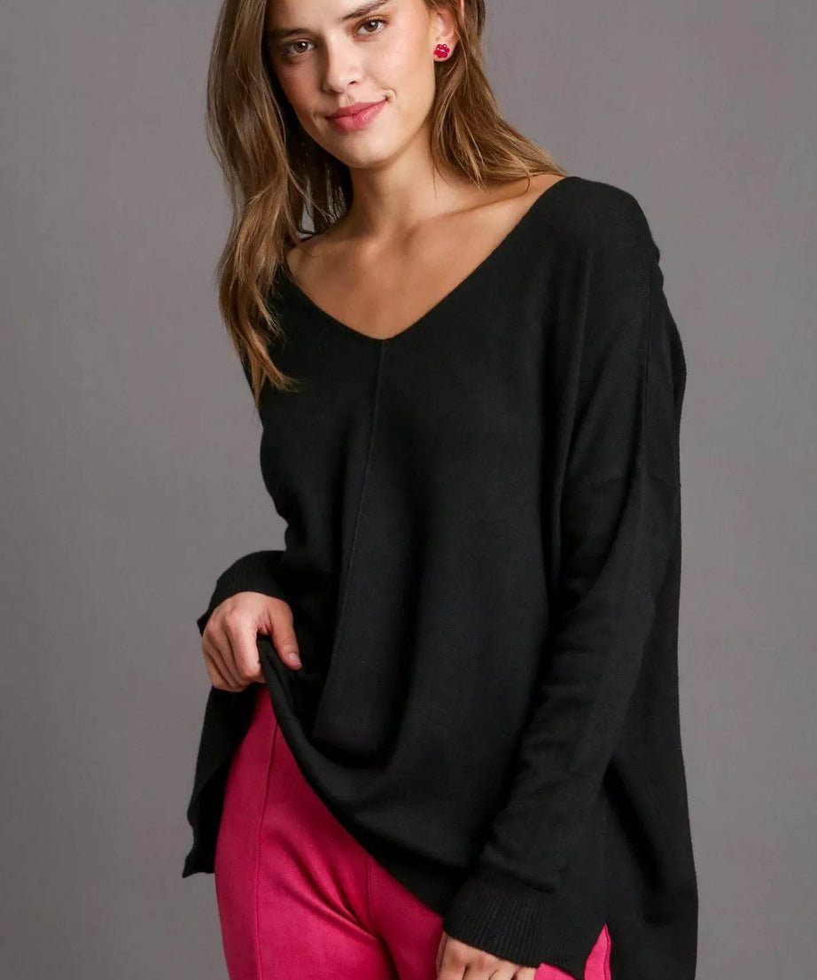 Umgee V-Neck High Low Hem Knit Top with Side Slit - ELY VESSA LLC
