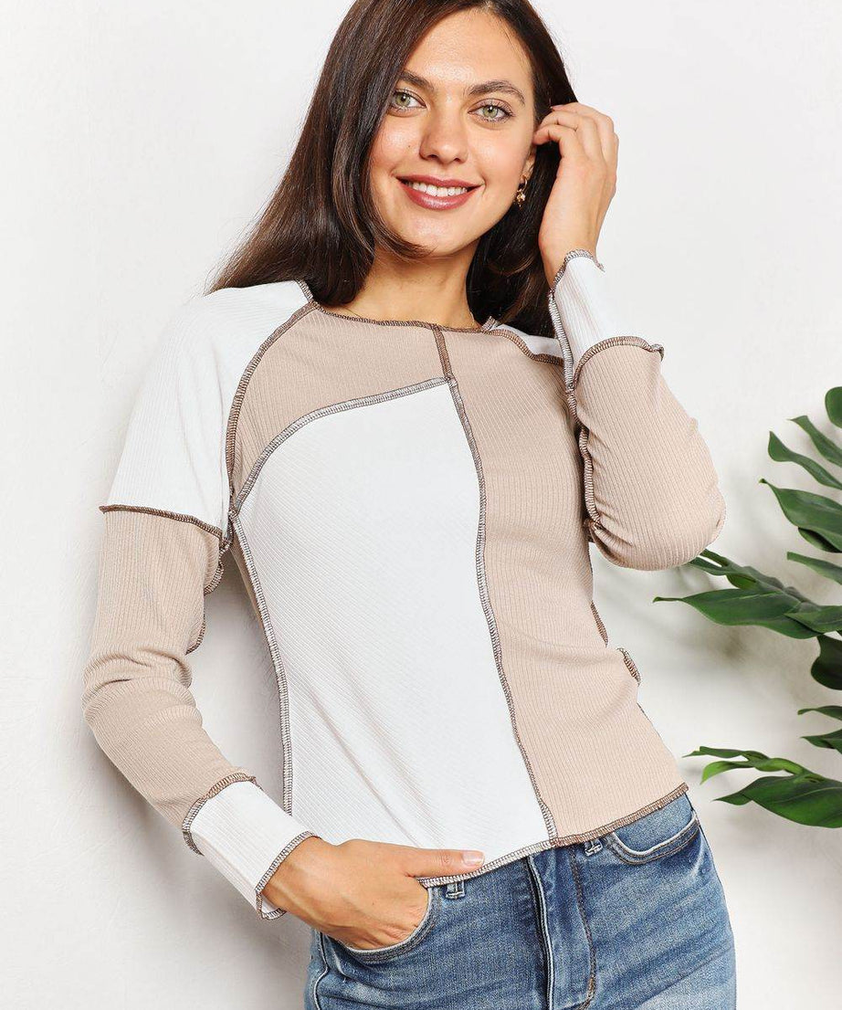 Double Take Color Block Exposed Seam Top - ELY VESSA LLC