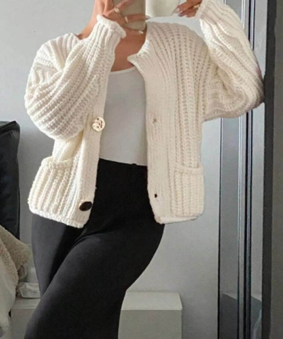 Button Up Dropped Shoulder Cardigan - ELY VESSA LLC