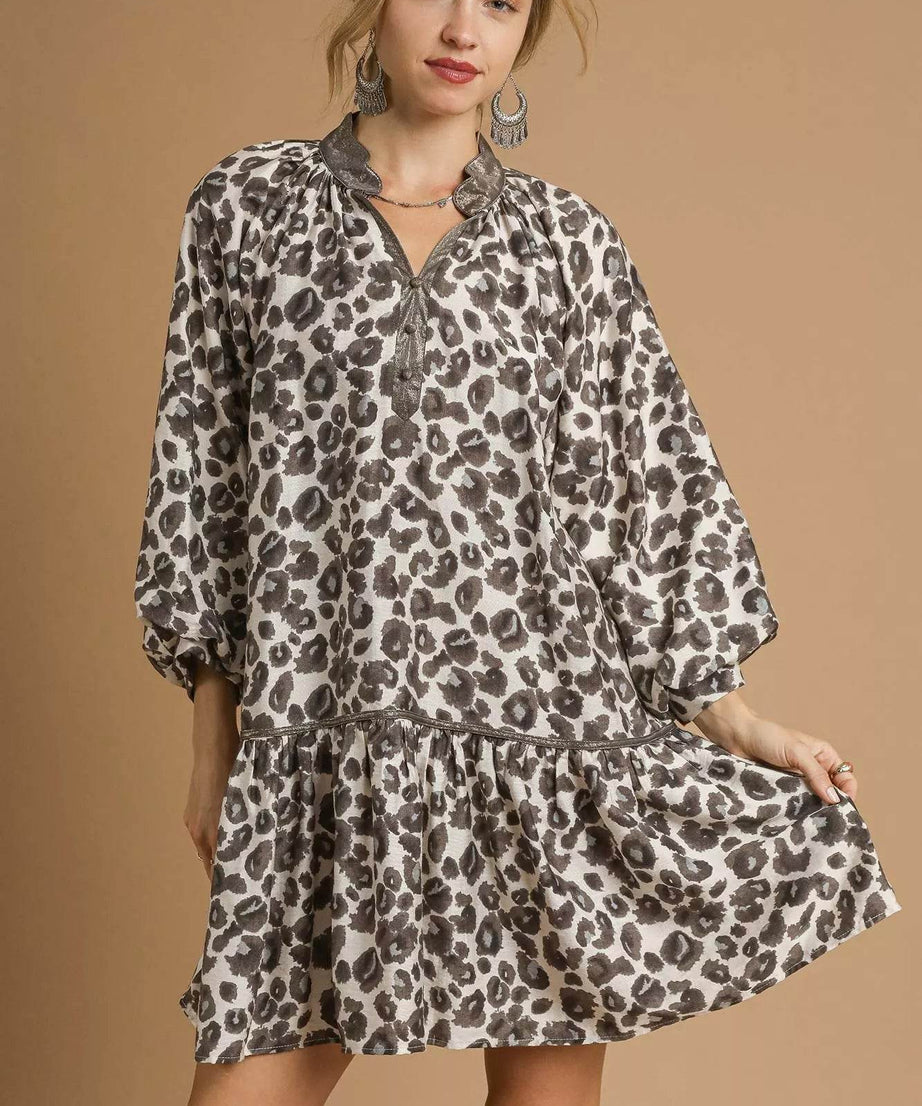 Umgee Leopard Print Tiered Mini Dress - ELY VESSA LLC