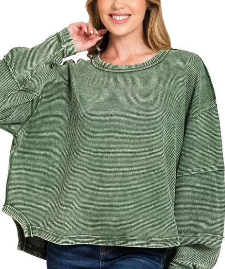 Zenana Acid Washed Exposed-Seam Sweatshirt - ELY VESSA LLC