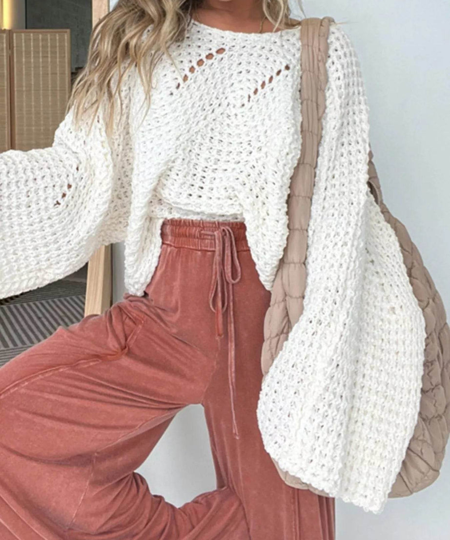 Openwork Batwing Sleeve Sweater - ELY VESSA LLC