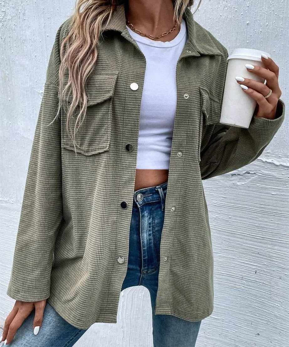 Snap Down Collared Neck Drop Shoulder Jacket - ELY VESSA LLC