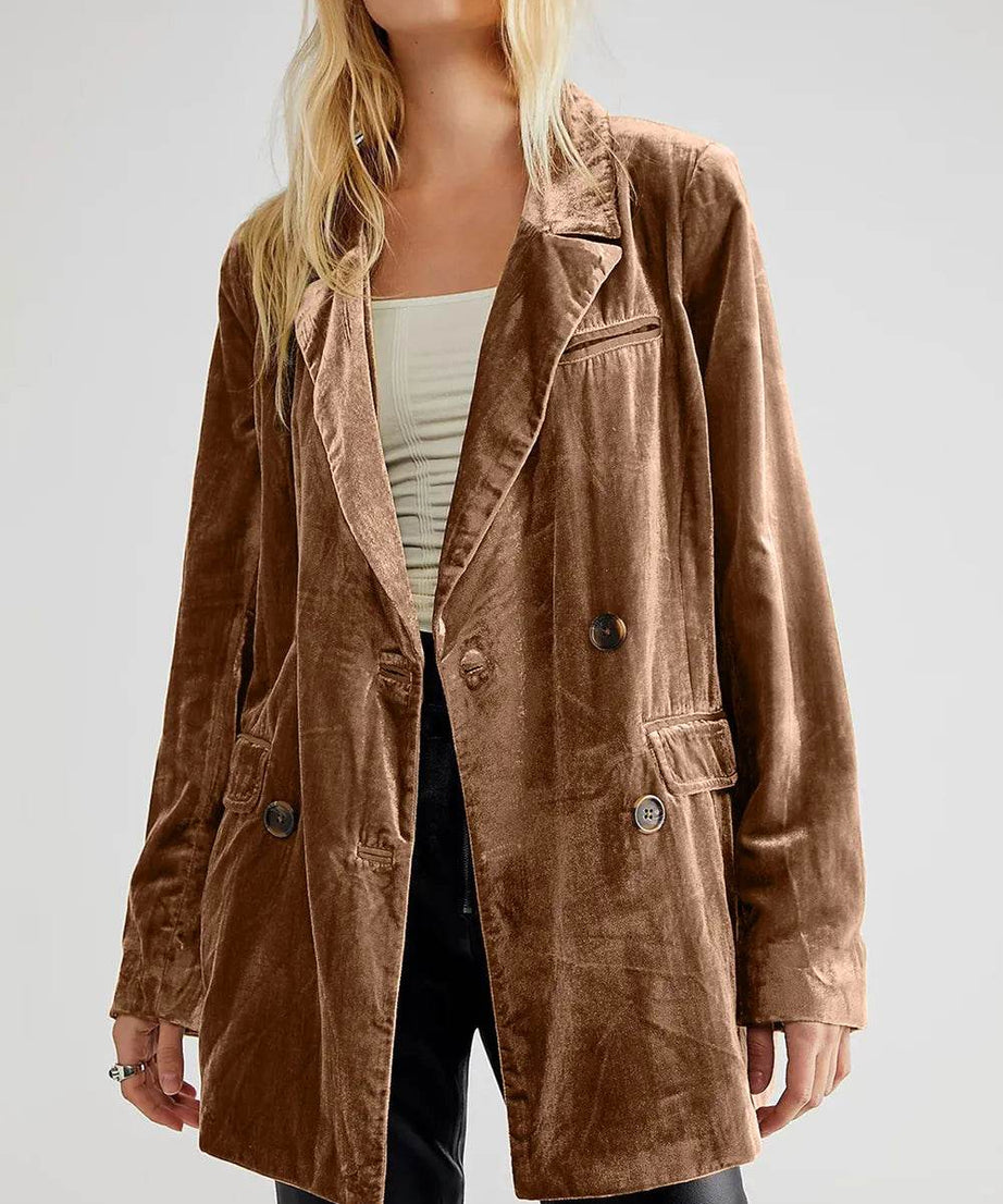 Lapel Collar Long Sleeve Blazer with Pockets - ELY VESSA LLC