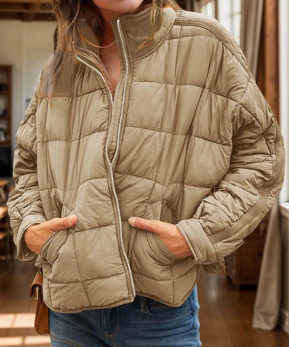 Pocketed Plaid Quilted Zip Up Winter Coat - ELY VESSA LLC