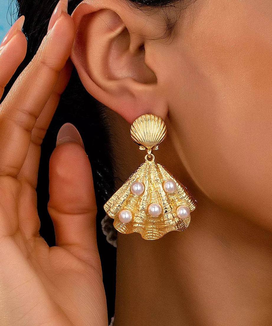 18K Gold-Plated Shell Pearl Drop Earrings - ELY VESSA LLC