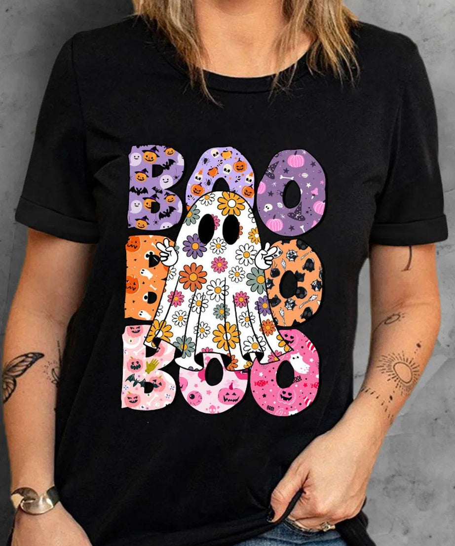 BOO Ghost Graphic Round Neck Short Sleeve T-Shirt - ELY VESSA LLC
