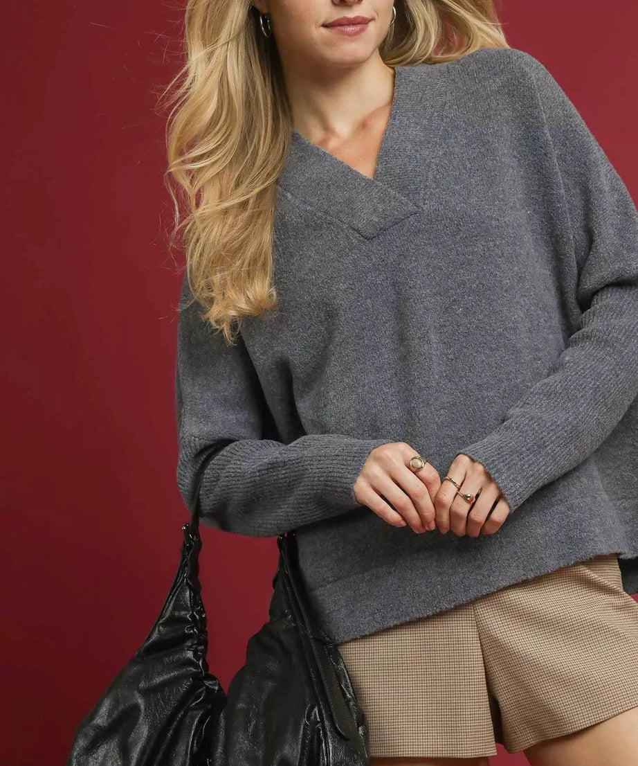 Umgee V-Neck Sweater with Wide Trim Detail - ELY VESSA LLC