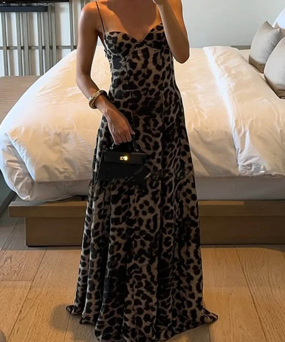 Leopard Print Sweetheart Neck Maxi Cami Dress - ELY VESSA LLC