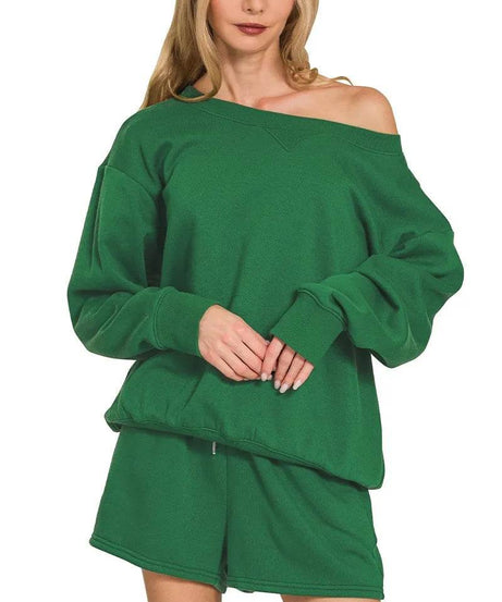 Zenana Fleece Boat Neck Sweatshirt and Shorts Set - ELY VESSA LLC
