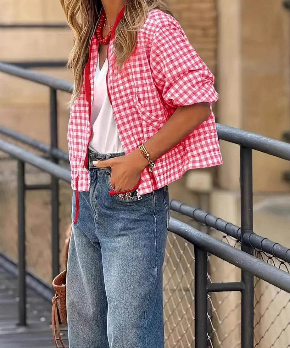 Plaid Zip Up Long Sleeve Jacket - ELY VESSA LLC