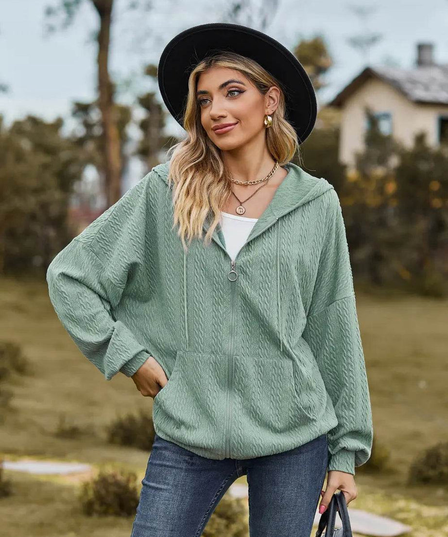 Zip Up Drawstring Long Sleeve Hooded Jacket - ELY VESSA LLC