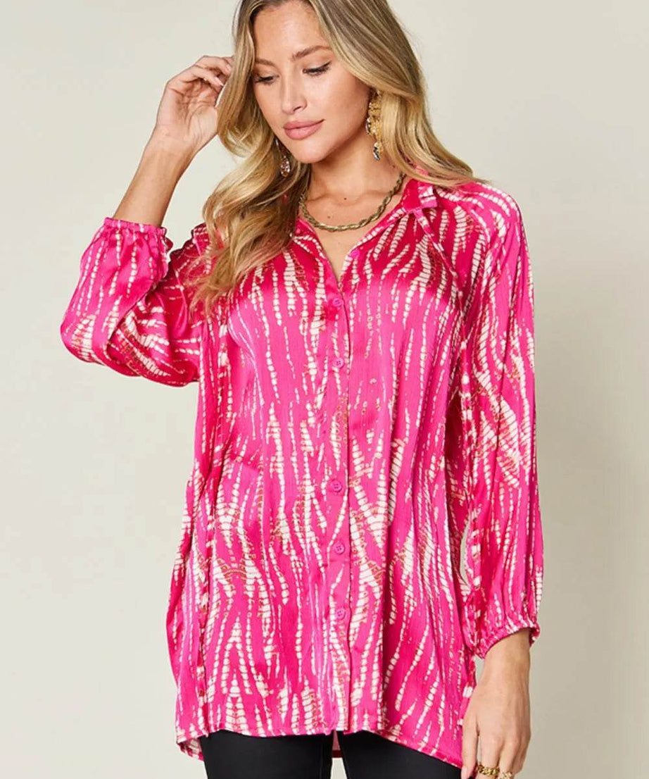 Double Take Full Size Printed Button Up Long Sleeve Shirt - ELY VESSA LLC