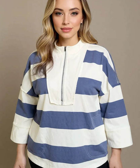 Oh Pima Cotton Wash Striped Half Zip Mock Neck Long Sleeve Top - ELY VESSA LLC