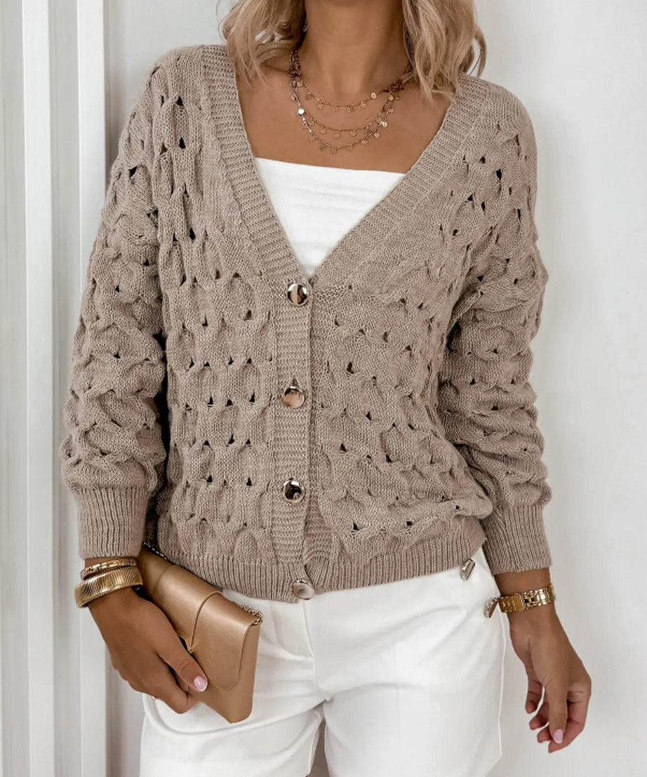 Textured V-Neck Long Sleeve Cardigan - ELY VESSA LLC