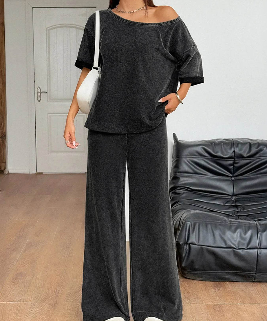 Washed Boat Neck T-Shirt and Pants Set - ELY VESSA LLC