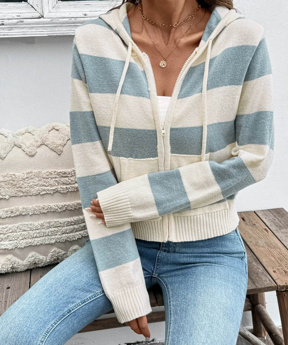 Drawstring Zip Up Striped Cardigan - ELY VESSA LLC