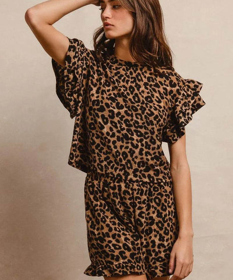 BiBi Leopard Print Waffle Texture Layered Ruffle Sleeve Top and Shorts Set - ELY VESSA LLC