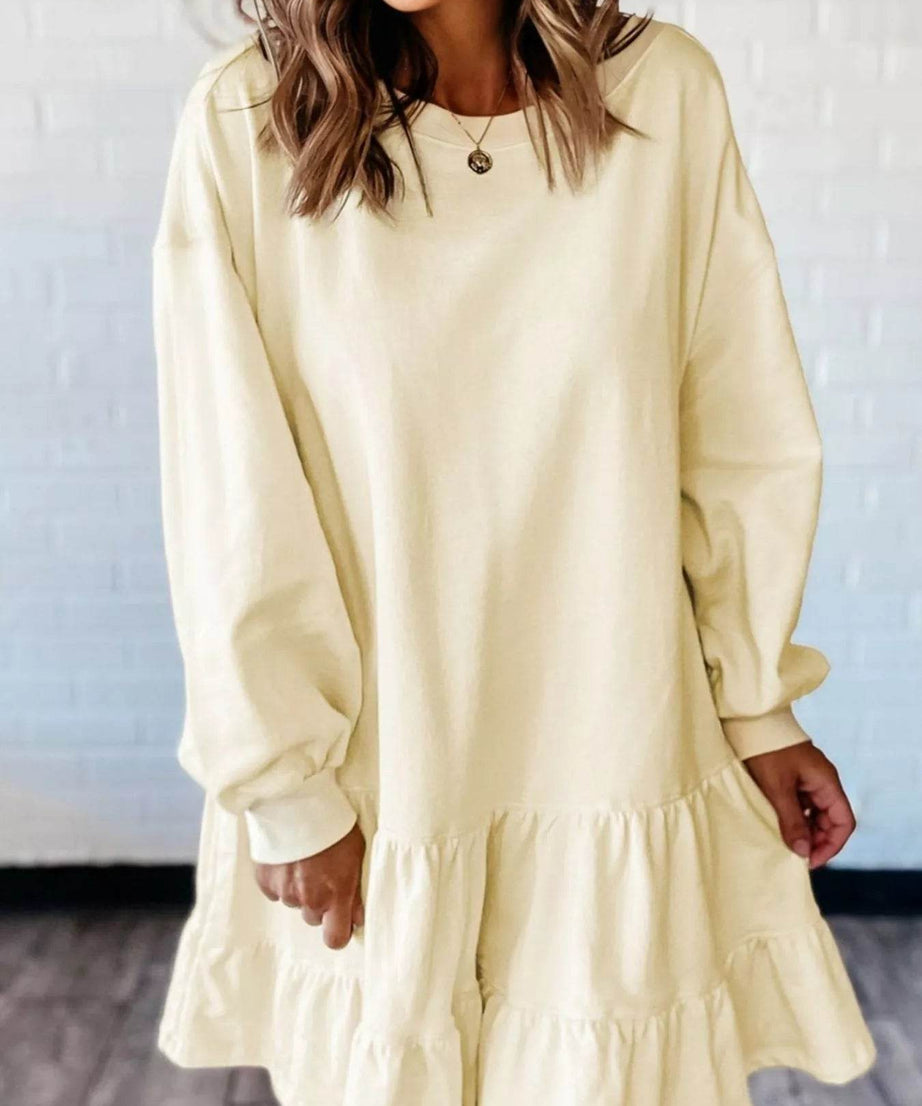 Double Tiered Ruffle Hem Long Sleeve Loose Mini Dress - ELY VESSA LLC