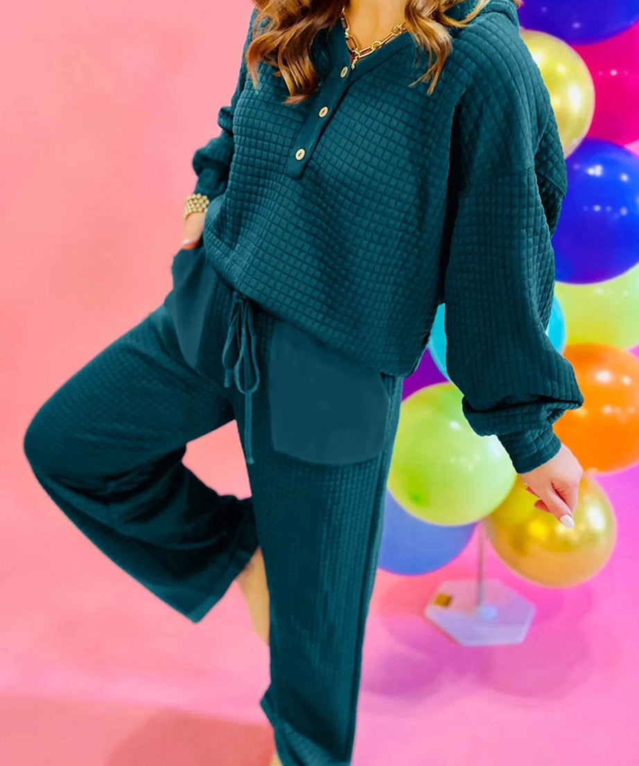Waffled Textured Raw Edge Patchwork Top and Pants 2pcs Set - ELY VESSA LLC